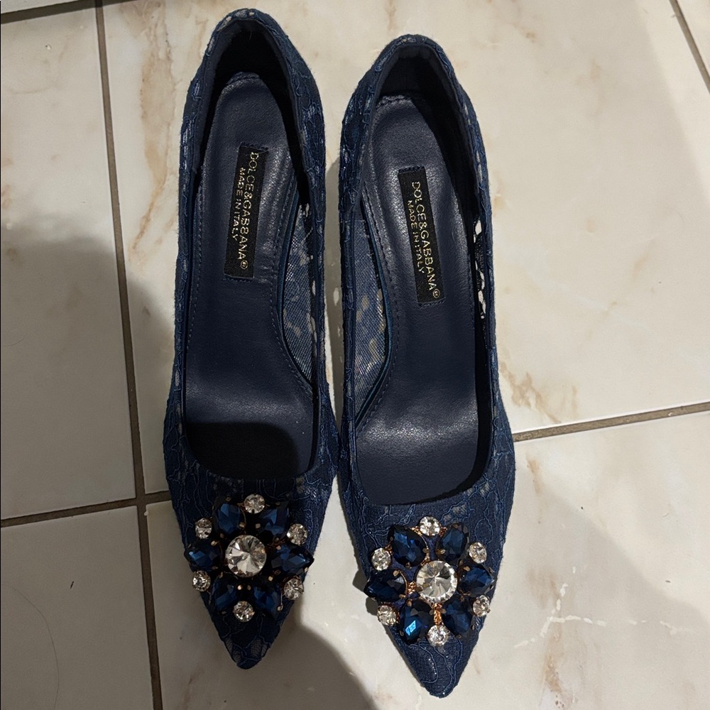 Dolce & Gabbana Navy Lace Heels with Crystal Accents